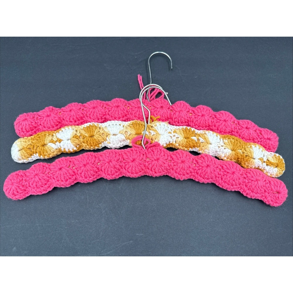 Lot Of 3 Crochet / Knit &‎ Wood Clothes Hangers Handmade - MCM Yarn